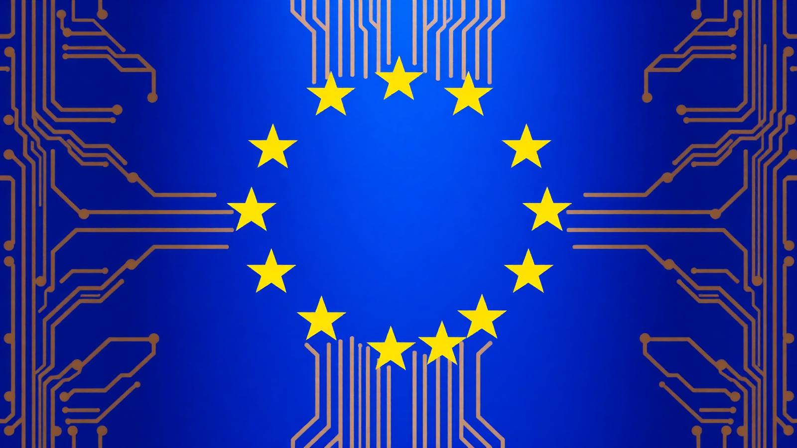 Bandiera Unione Europea con circuiti elettronici, simbolo della regolamentazione AI