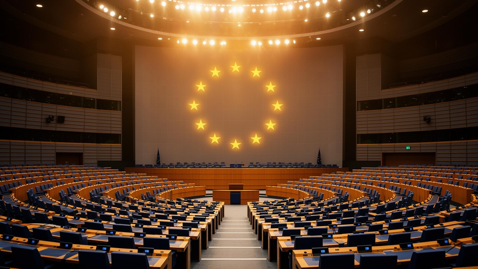 Aula del Parlamento Europeo con stelle dorate dell'Unione Europea