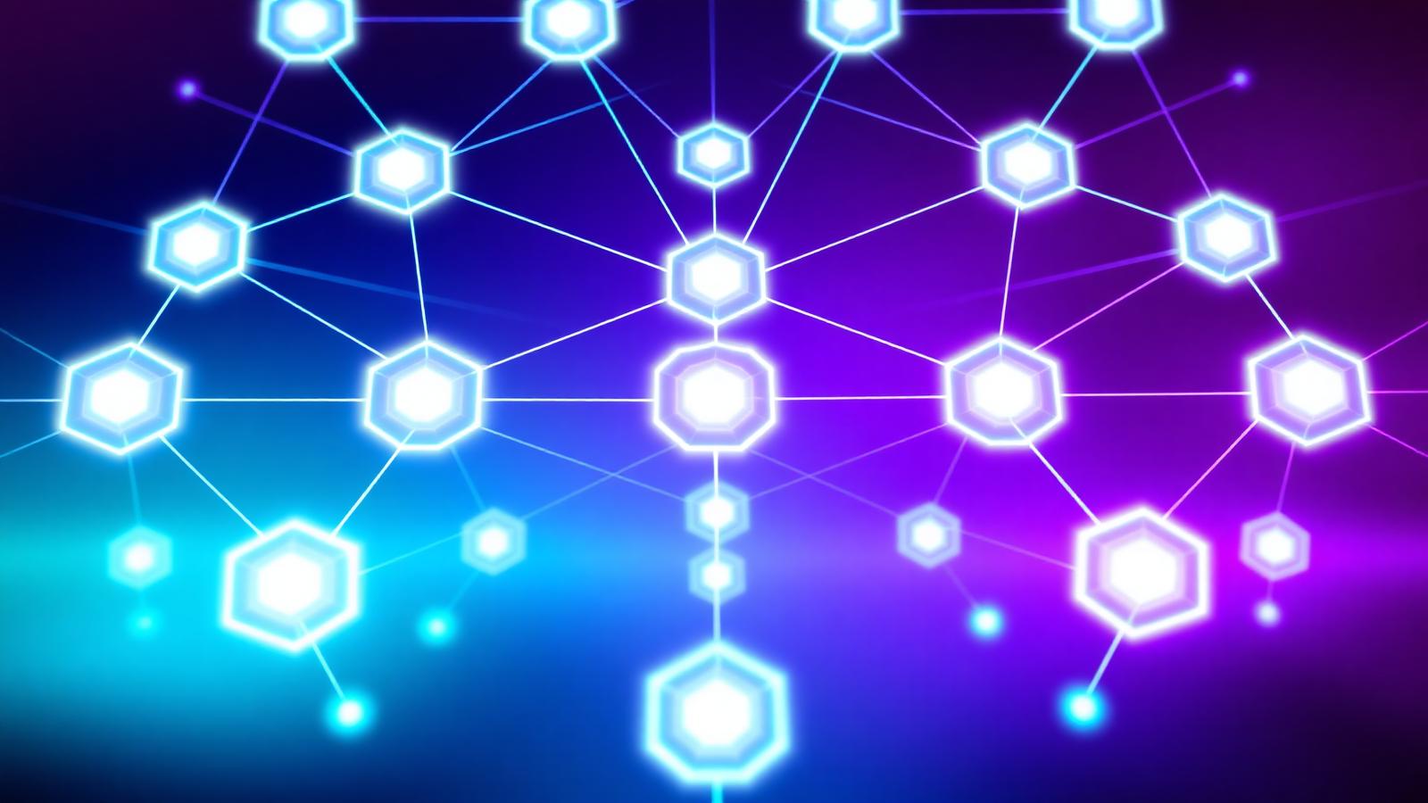 Rete di nodi esagonali interconnessi che rappresentano l'orchestrazione di agenti AI in azienda