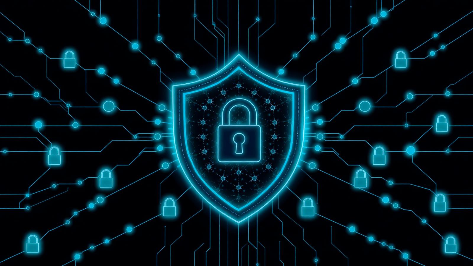 Scudo di cybersecurity al centro di una rete di nodi e lucchetti, simbolo di protezione AI zero-trust