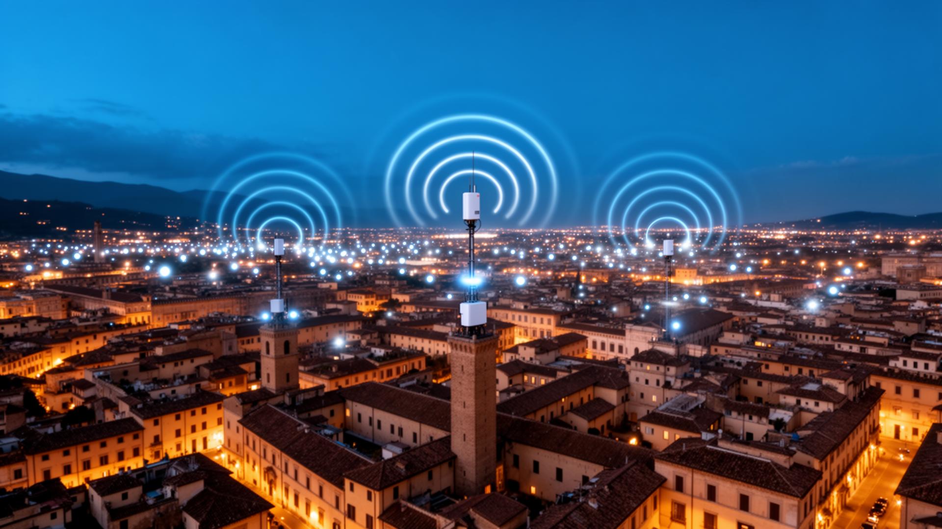Vista aerea di città italiana con onde di segnale wireless da antenne IoT