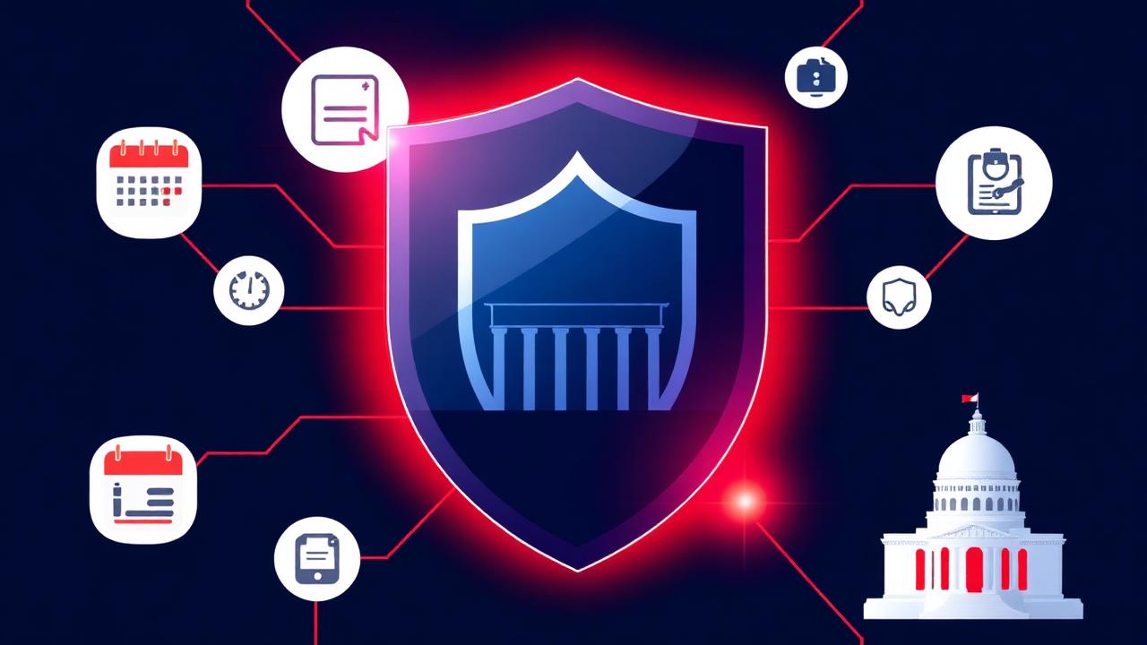 Scudo digitale circondato da icone di calendario, scadenze e edificio istituzionale, simbolo delle determine ACN sulla NIS2