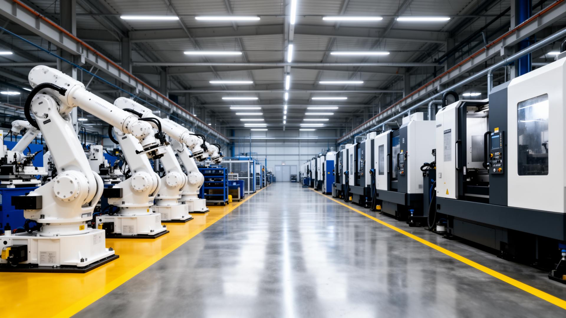 Reparto manifatturiero moderno con bracci robotici e macchine CNC