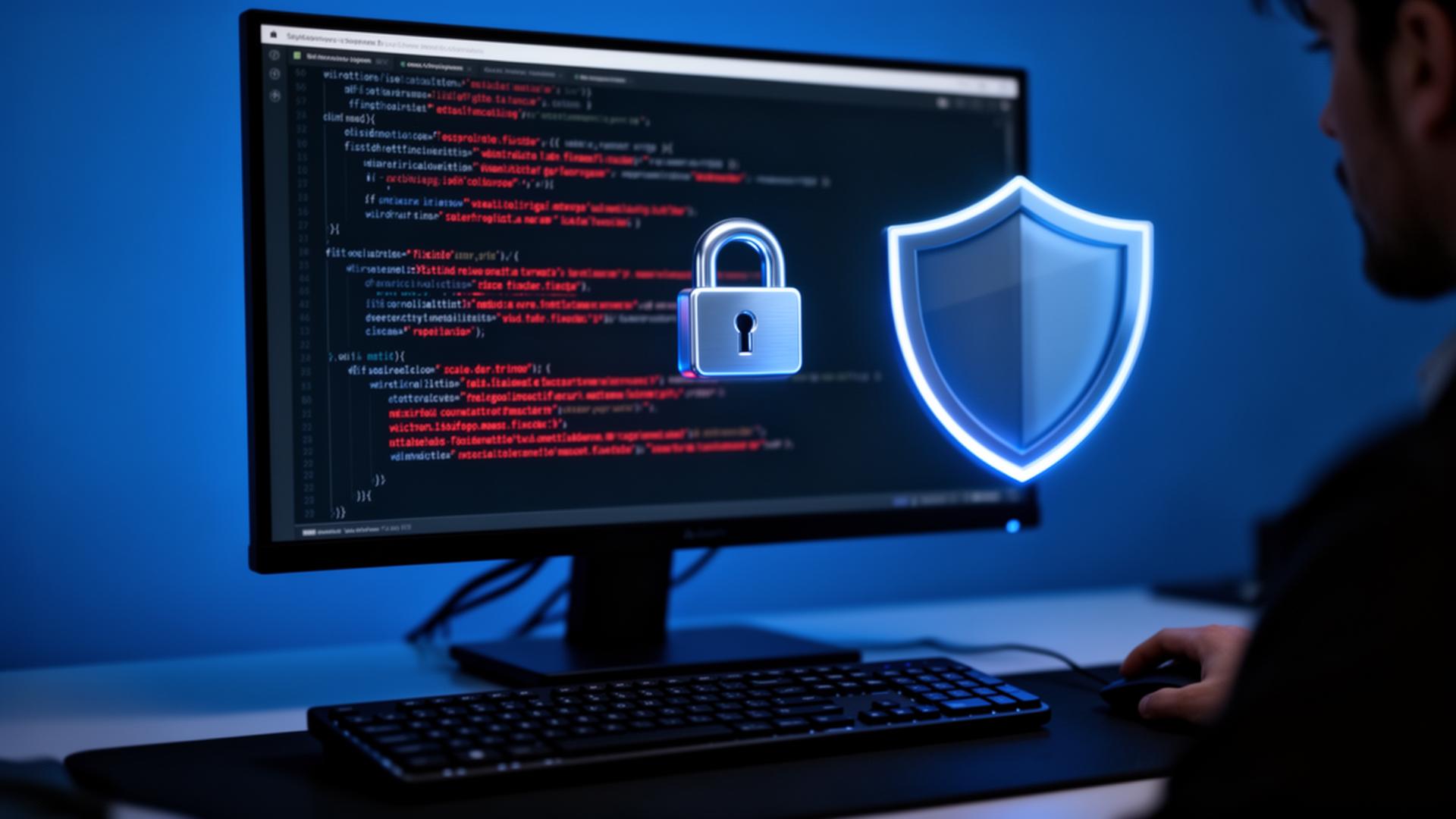 Schermo di sviluppatore con codice e icona di scudo che rappresenta la sicurezza applicativa