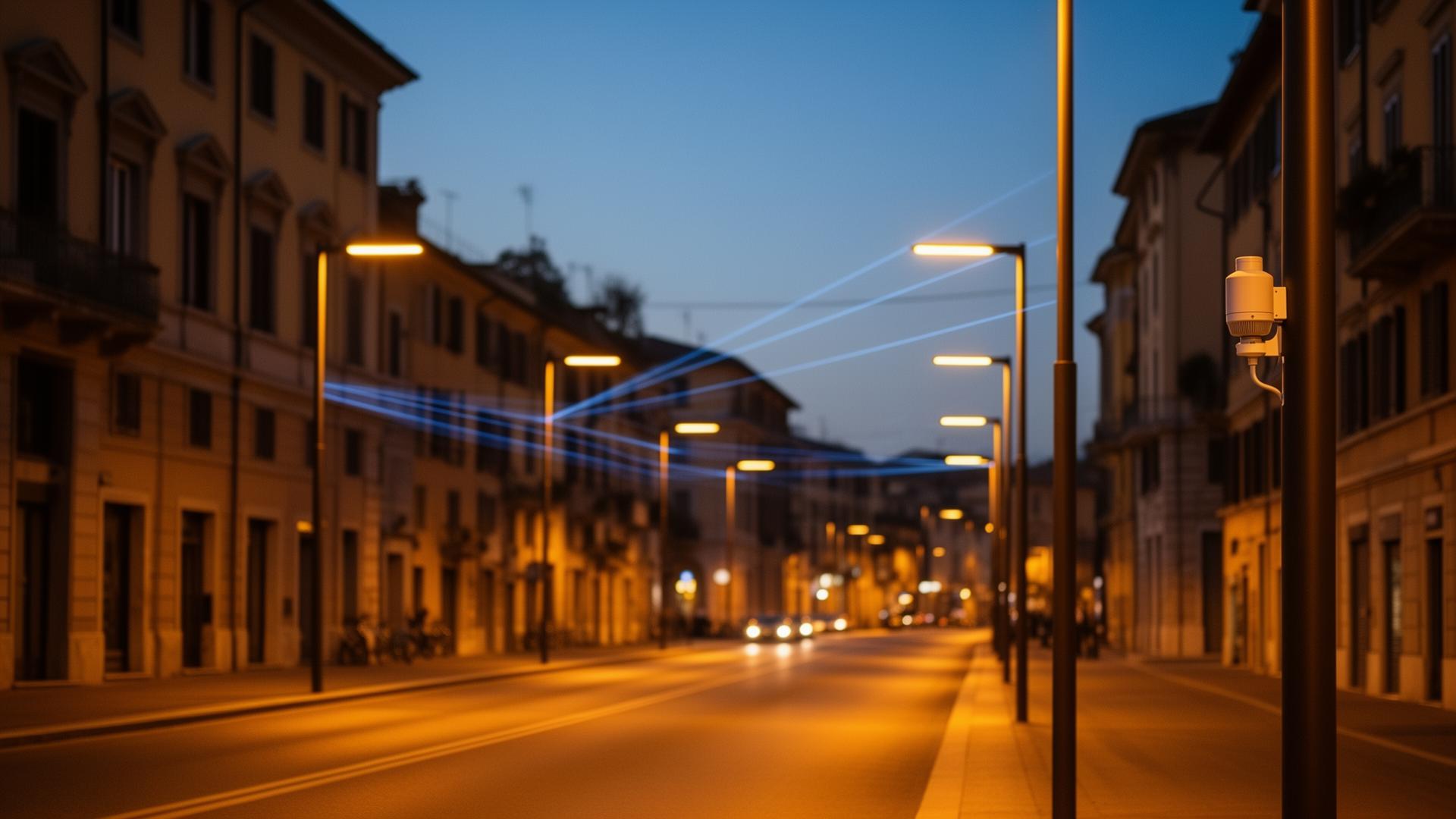 Strada italiana al crepuscolo illuminata da lampioni LED smart con sensori IoT